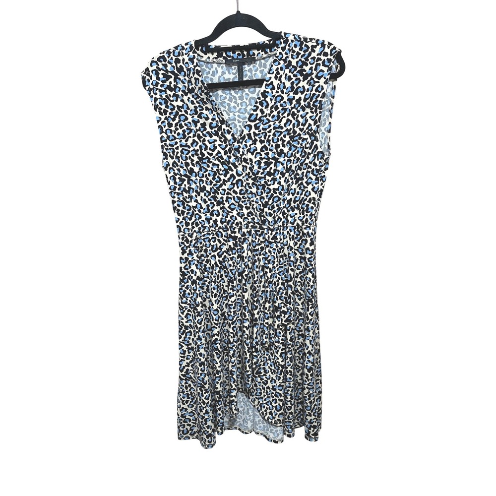 BCBG‎ MAX AZRIA V-Neck Leopard Print Cadet Blue Faux Wrap Midi Dress M-Timeless